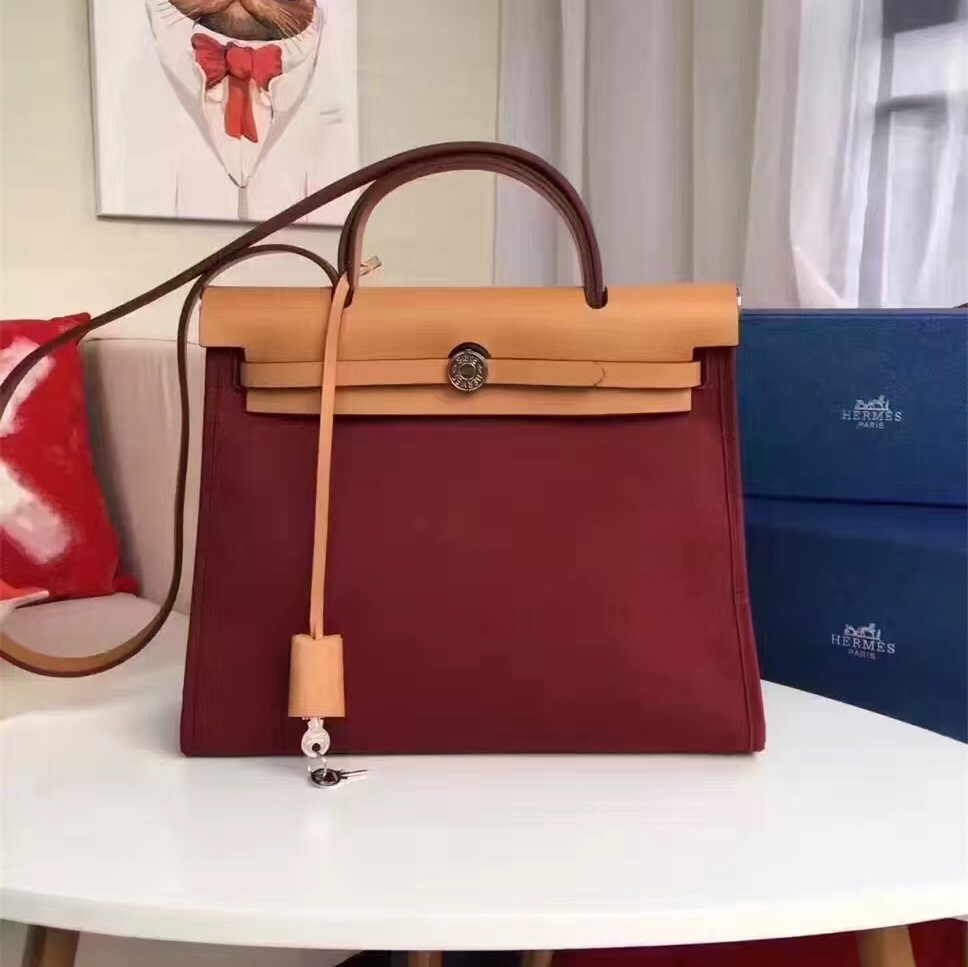 Herbag handbag Hermès Burgundy in Cotton - 35415977