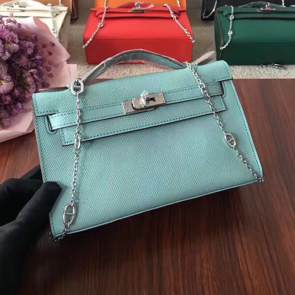 Hermes Mini Kelly 22cm Epsom Leather White Silver With Chain Strap Replica  Sale Online With Cheap Price