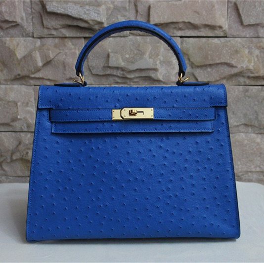 Hermes 35cm Blue Cobalt Ostrich Retourne Kelly Bag with Palladium, Lot  #56019