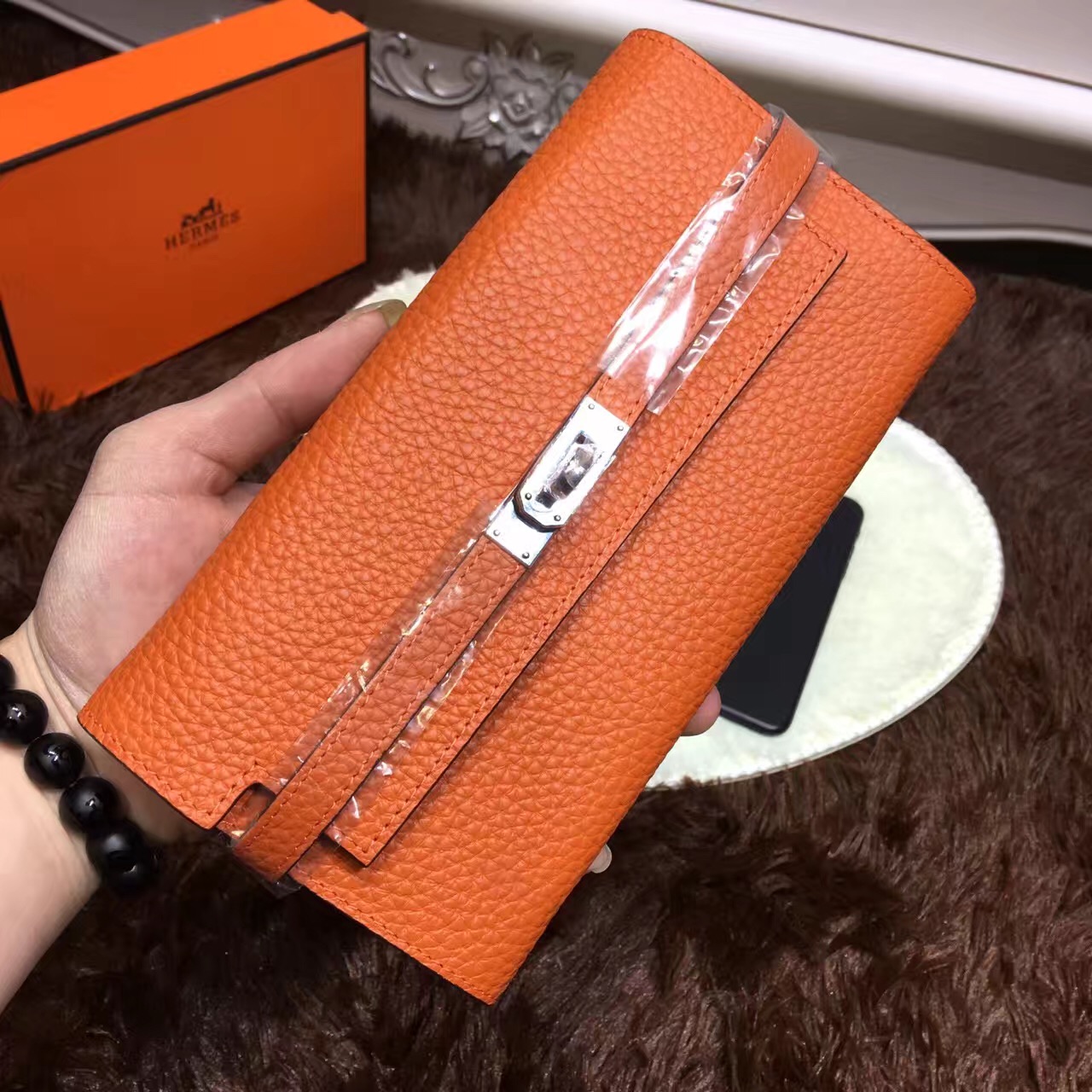 Hermes Light Coffee Leather Ostrich Veins Dogon Wallet